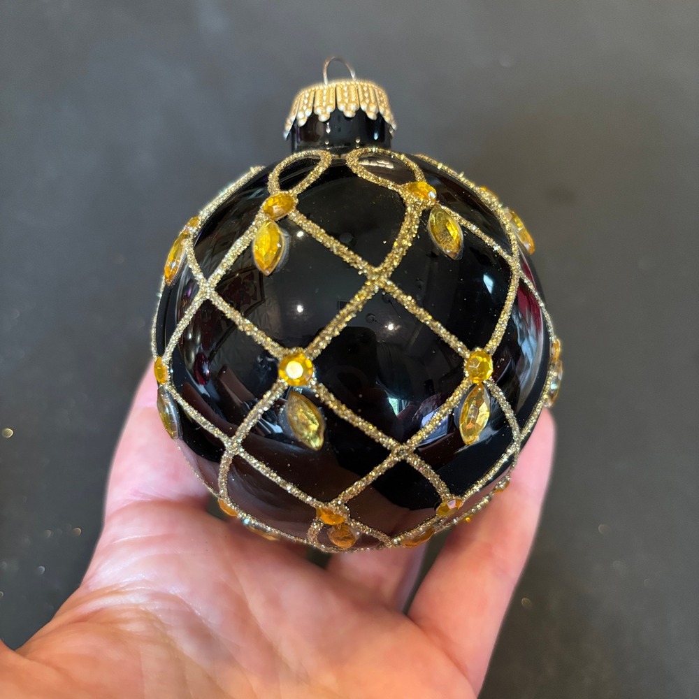 Rauch Vintage Christmas Ball Ornament Black Gold Glitter Jeweled